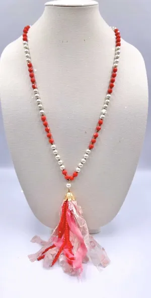 Pearl and coral necklace with tassel