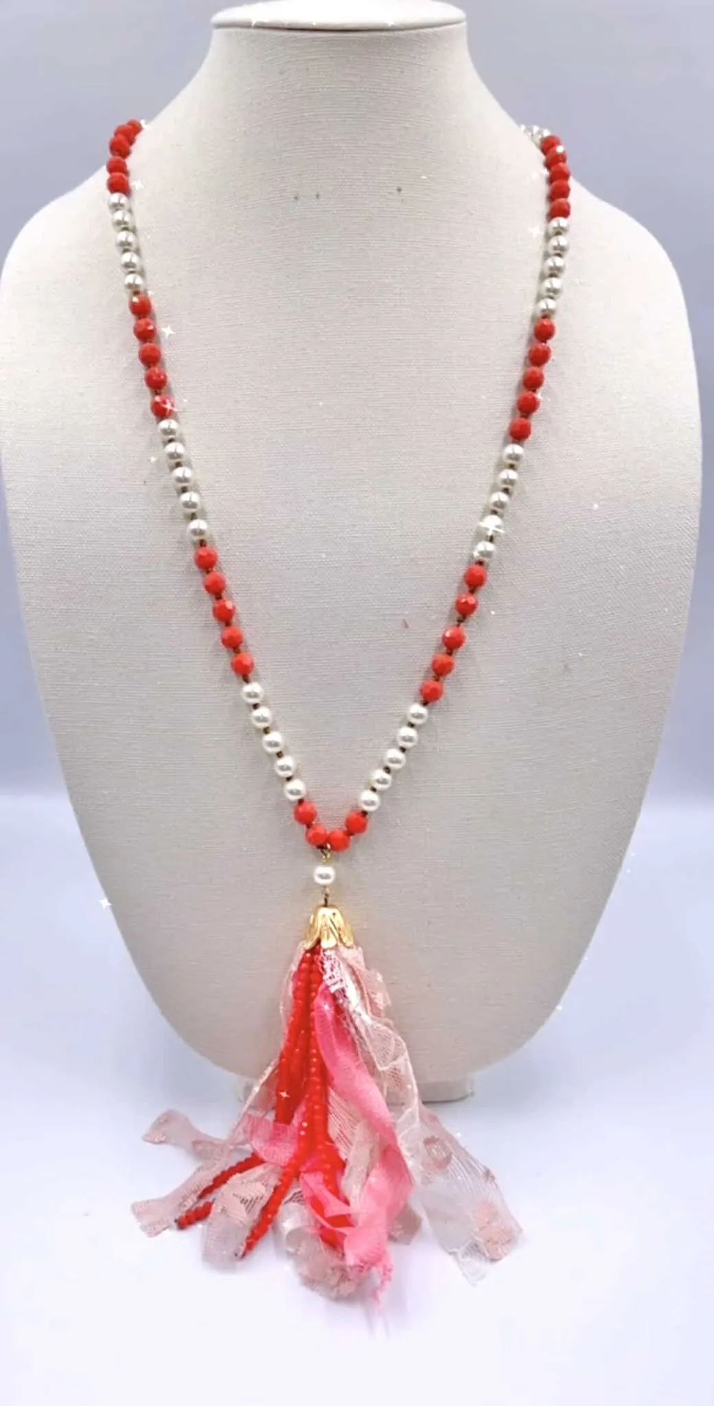 Pearl and coral necklace with tassel