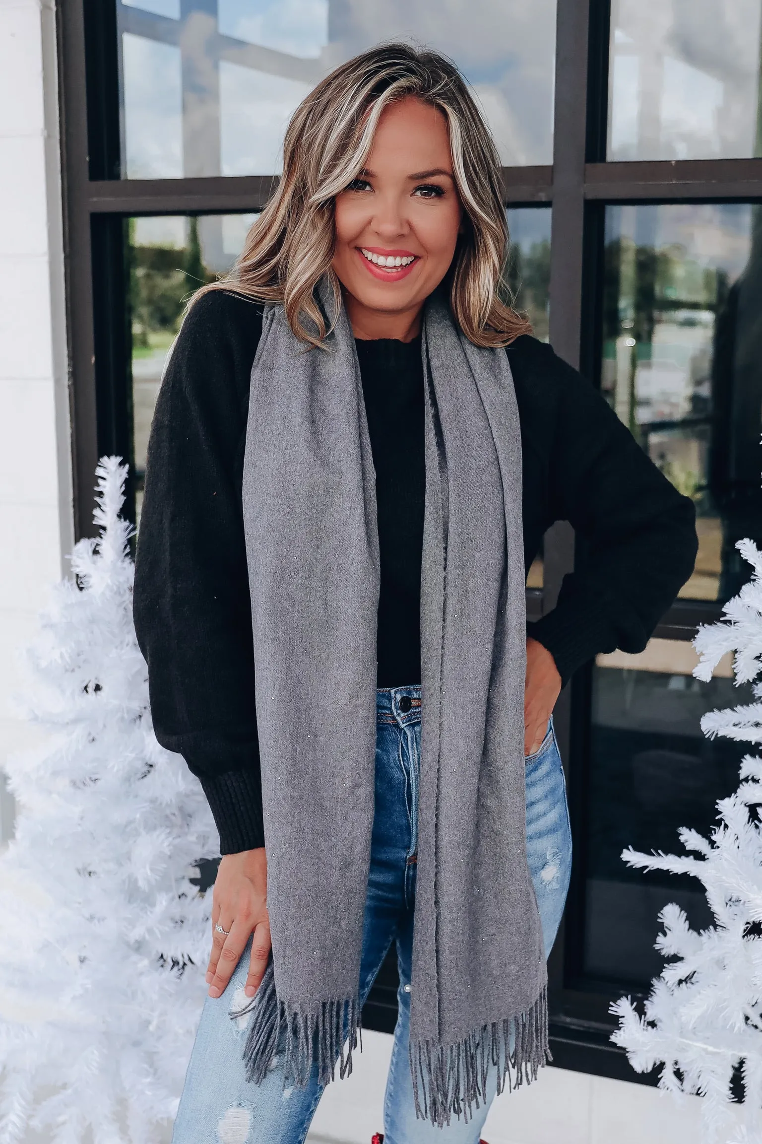 Pearl Embellished Scarf - Grey