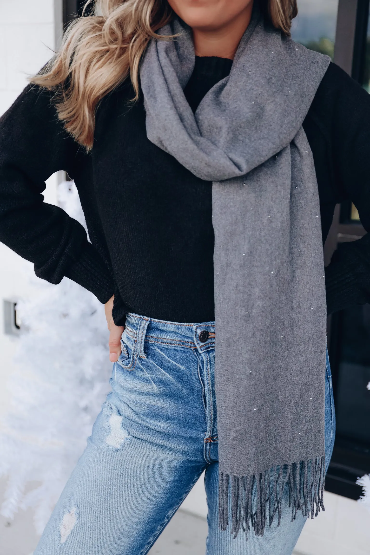 Pearl Embellished Scarf - Grey