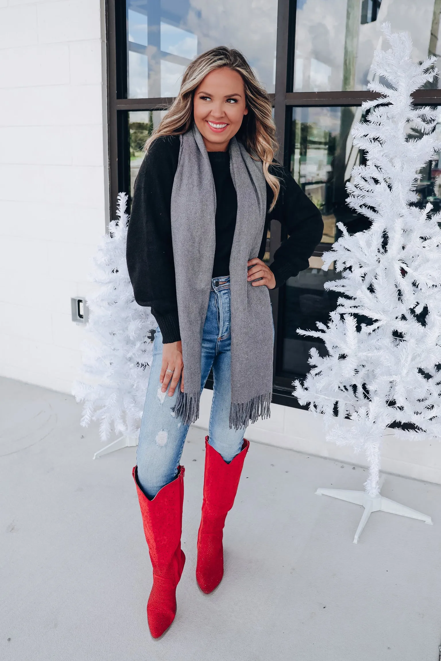 Pearl Embellished Scarf - Grey