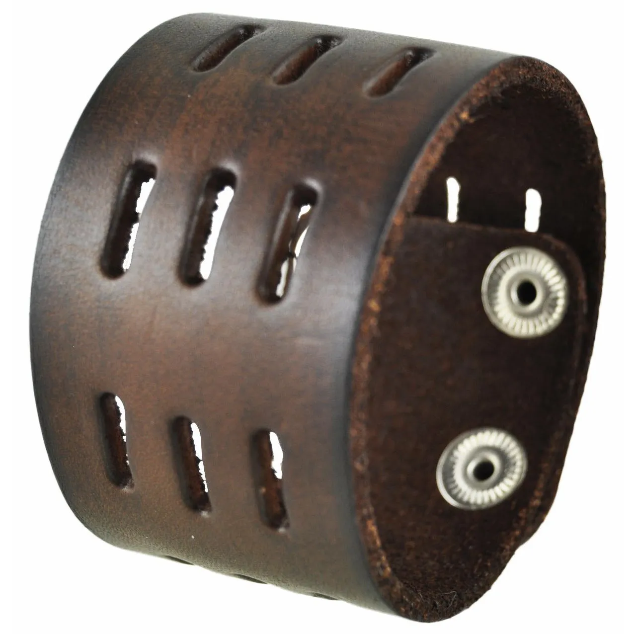 Perforated Dash Dark Brown Leather Wide Snap On Cuff