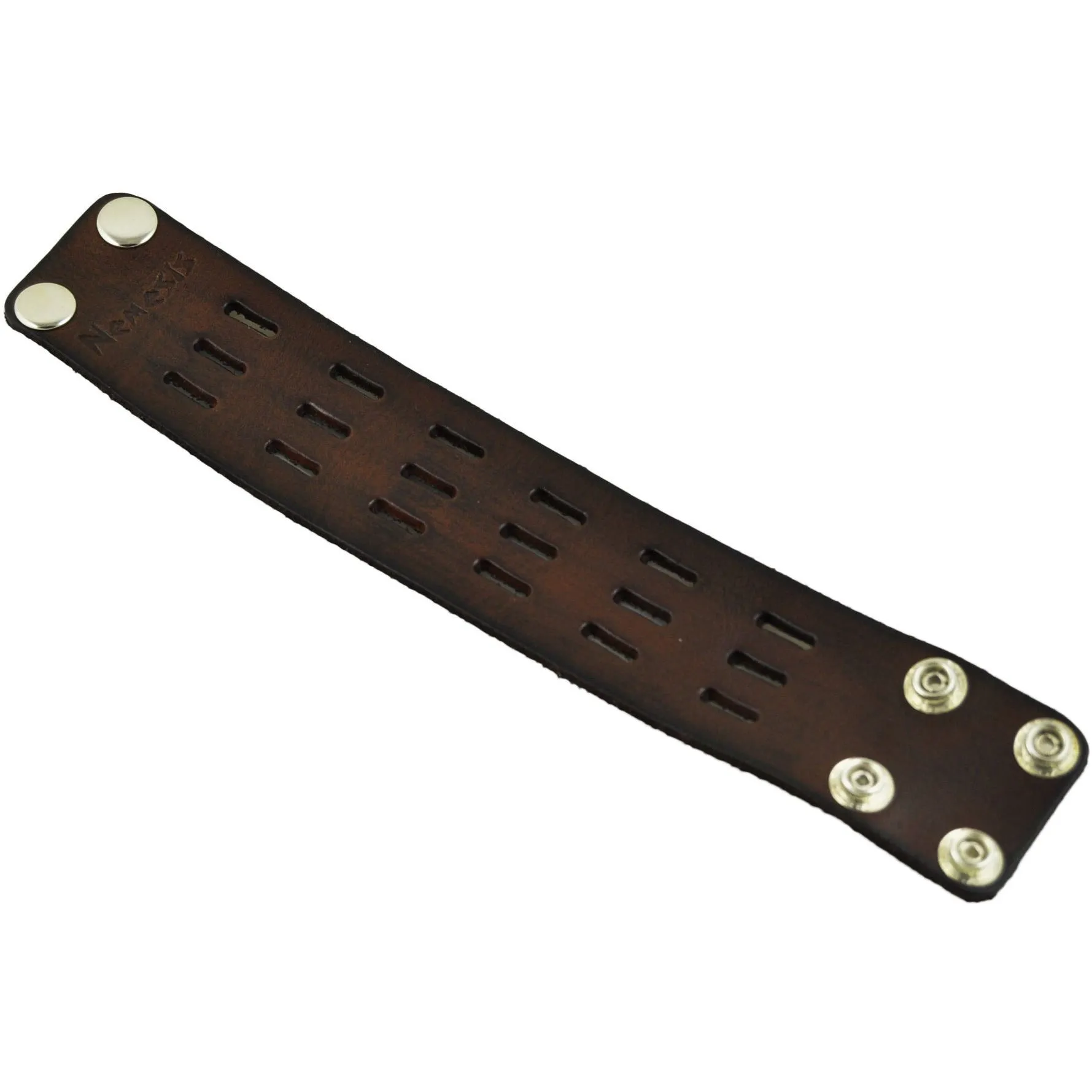 Perforated Dash Dark Brown Leather Wide Snap On Cuff