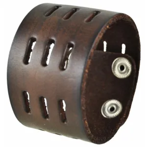 Perforated Dash Dark Brown Leather Wide Snap On Cuff