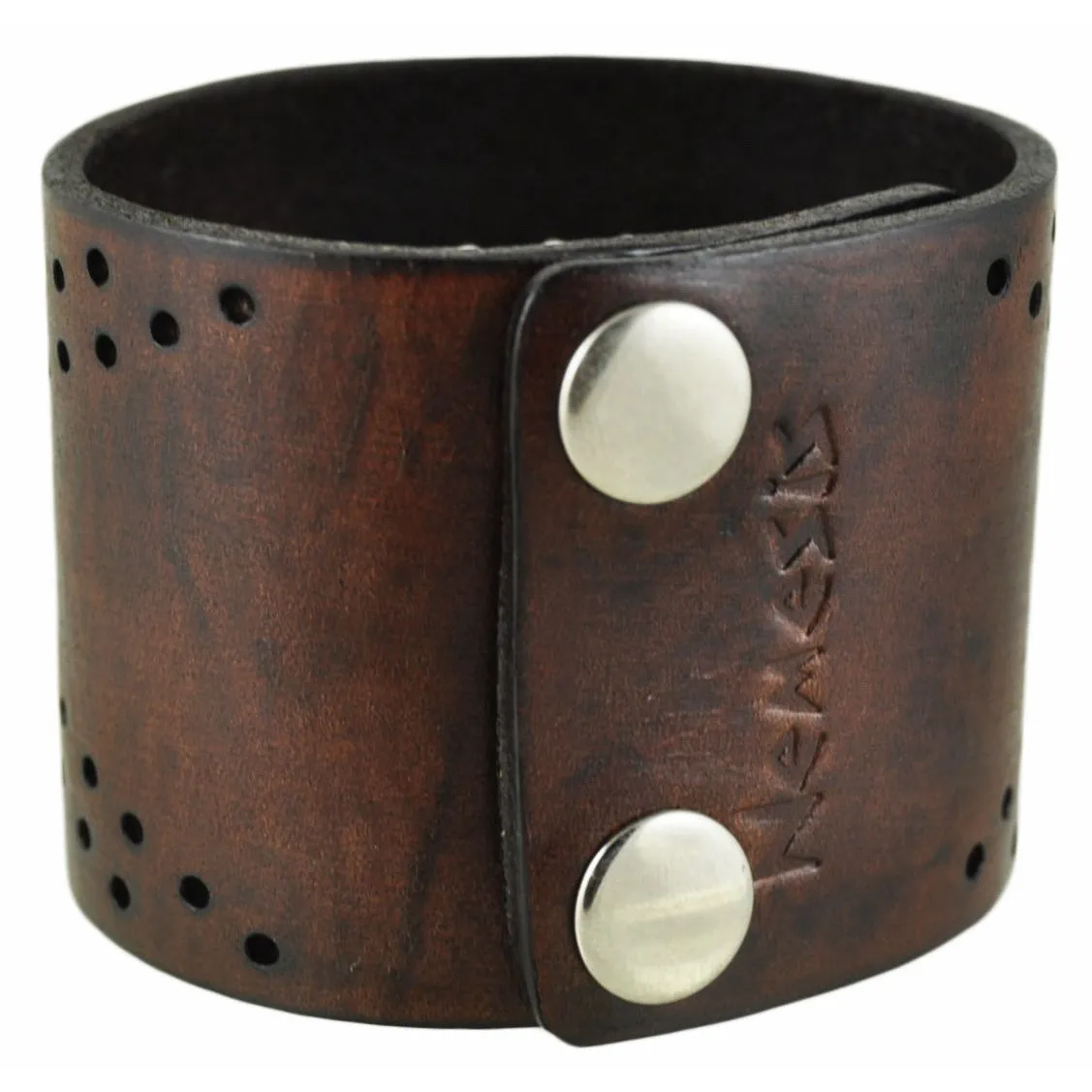 Perforated Dots Dark Brown Leather Wide Snap On Cuff