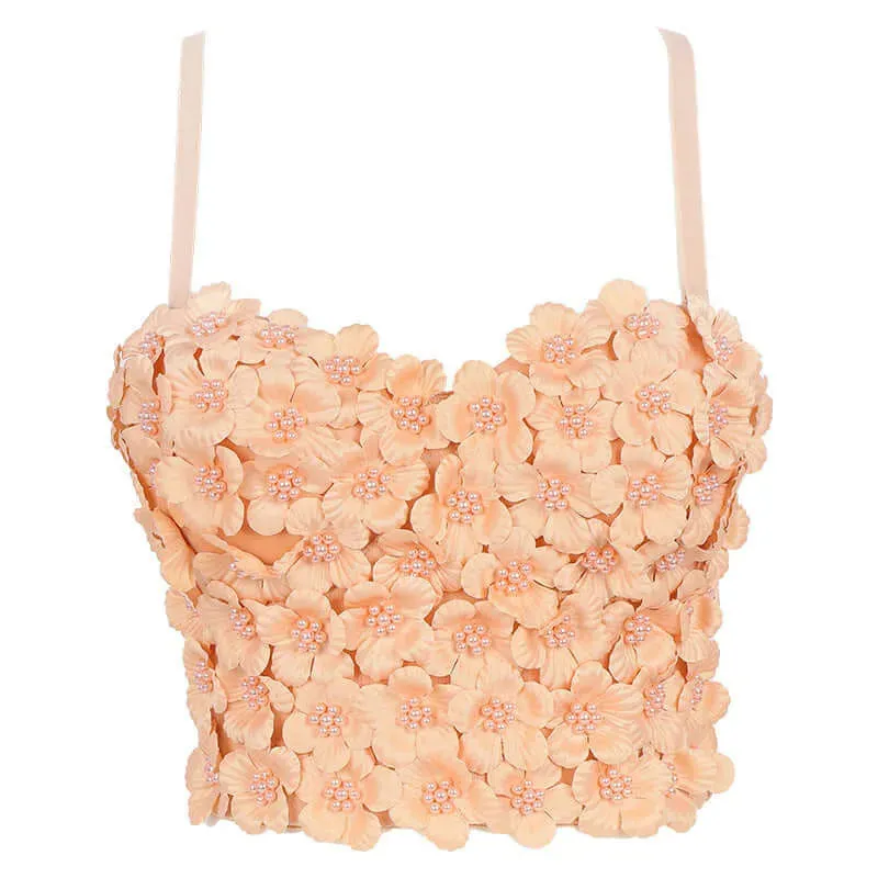 Pink Floral Beaded Boned Short Corset
