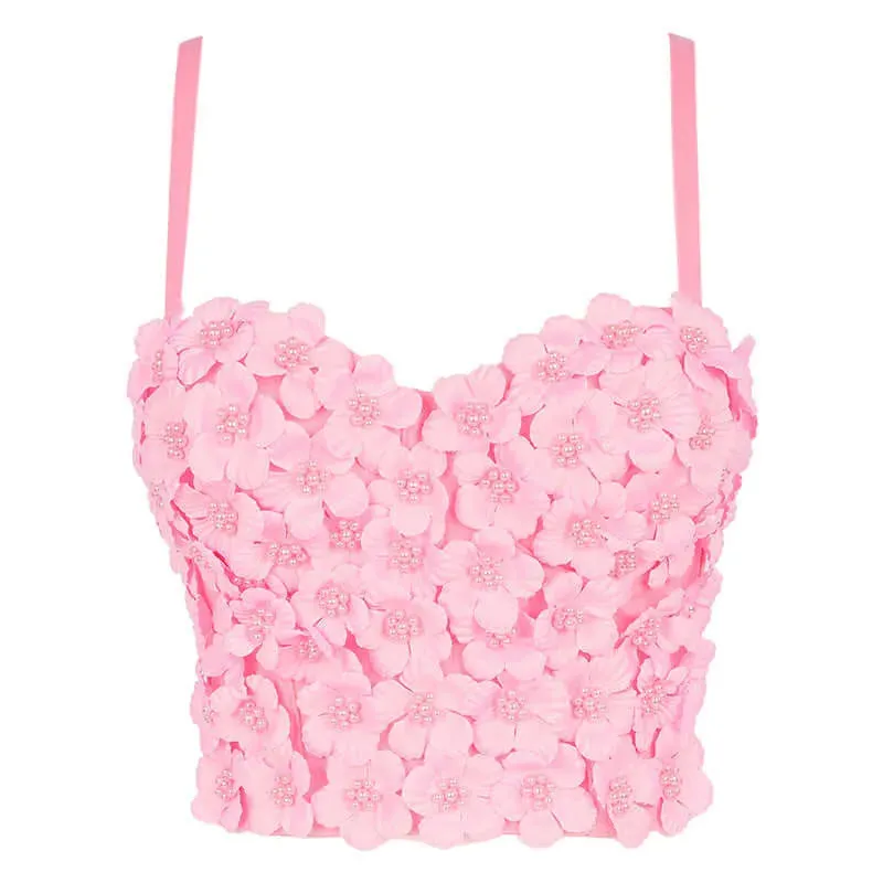 Pink Floral Beaded Boned Short Corset