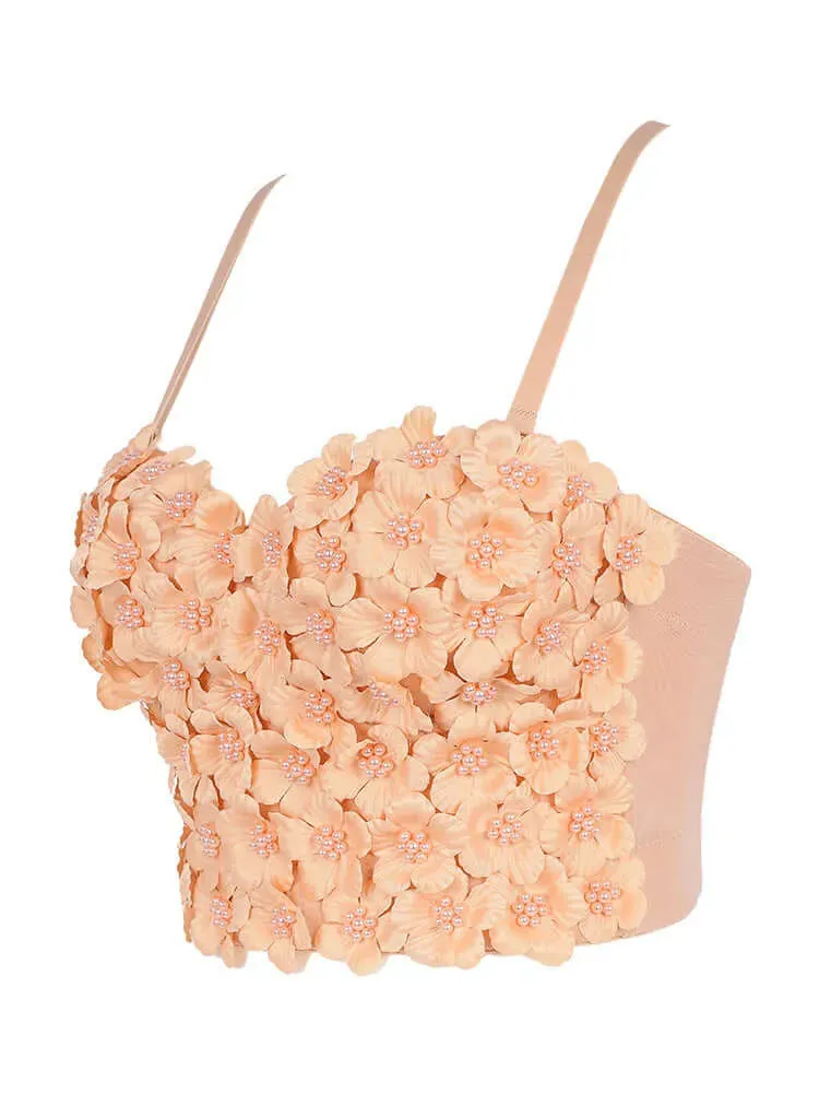 Pink Floral Beaded Boned Short Corset