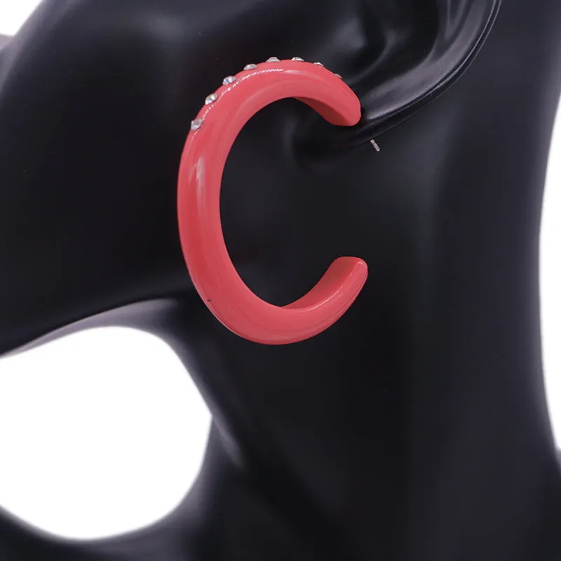Pink Glossy Rhinestone Hoop Earrings