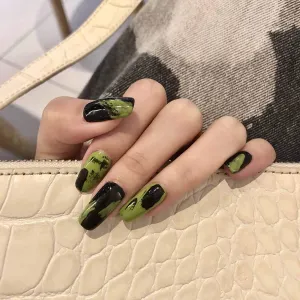 Press On Nails Black French Glossy Coffin Green Nail Kit