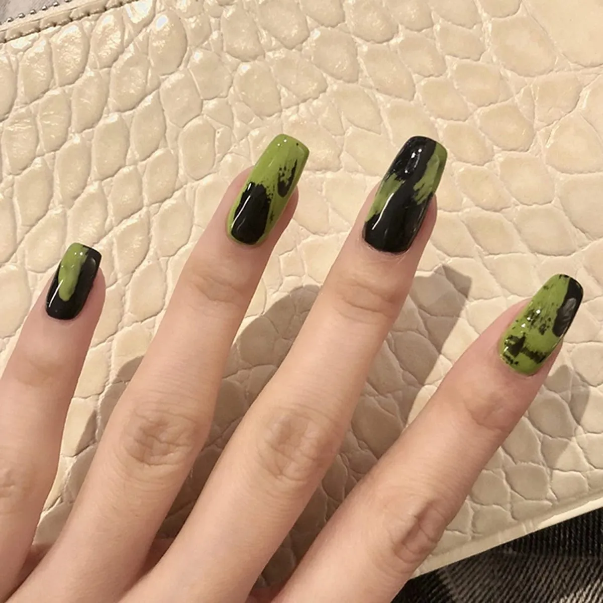 Press On Nails Black French Glossy Coffin Green Nail Kit