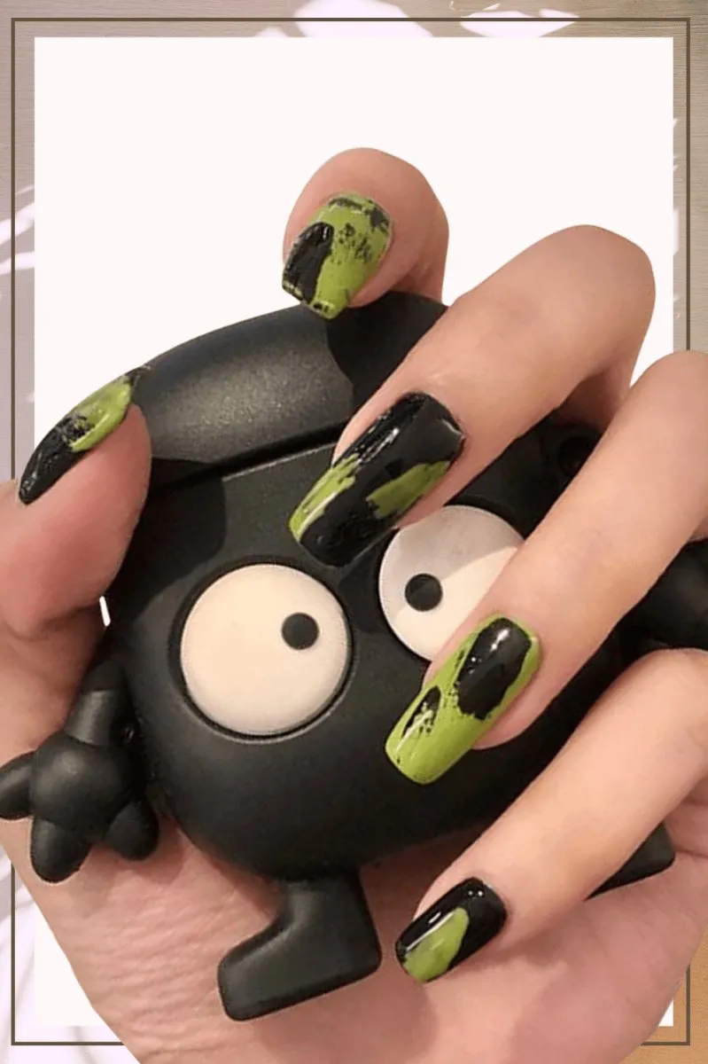 Press On Nails Black French Glossy Coffin Green Nail Kit