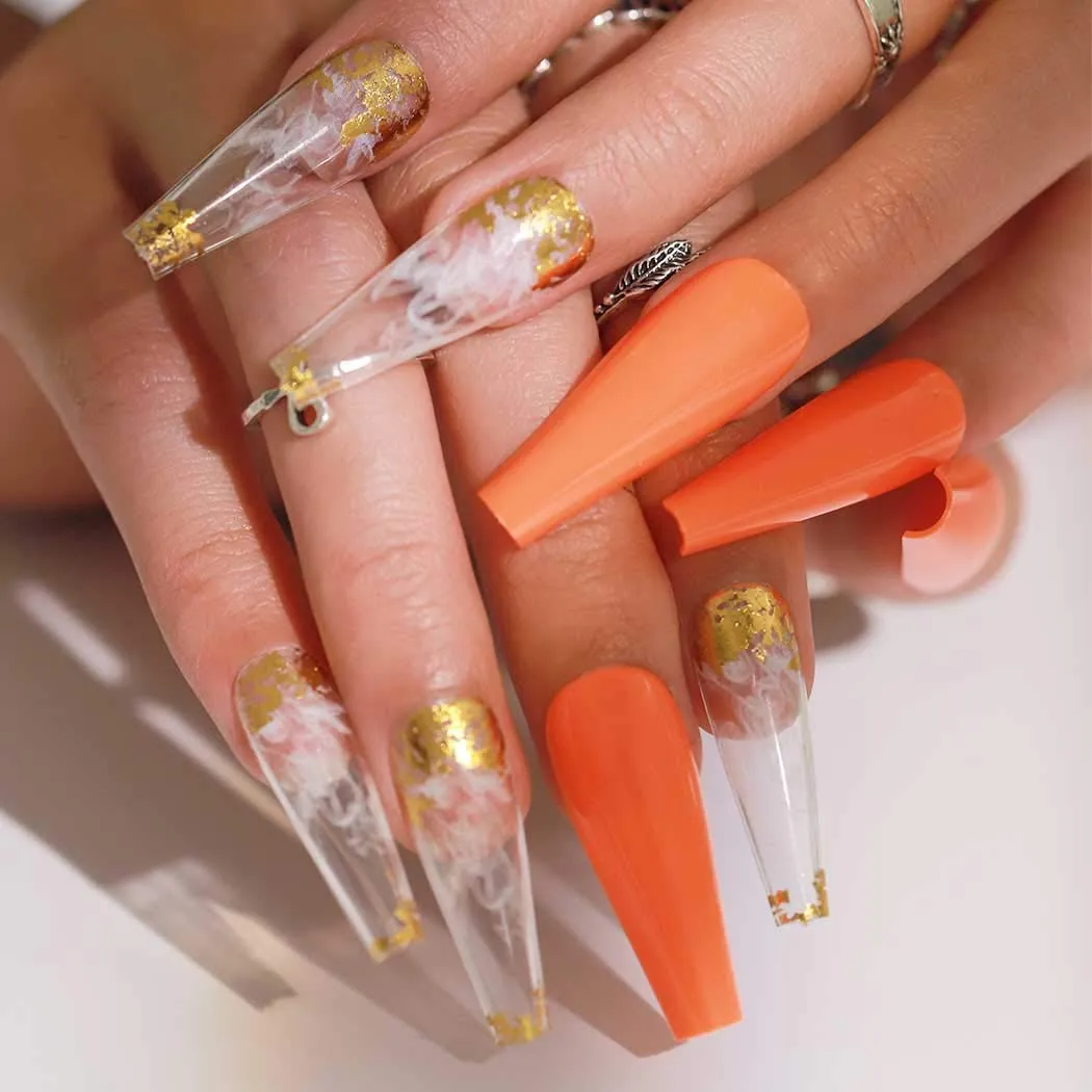 Press On Nails Orange Glossy Coffin White And Gold Nail Kit
