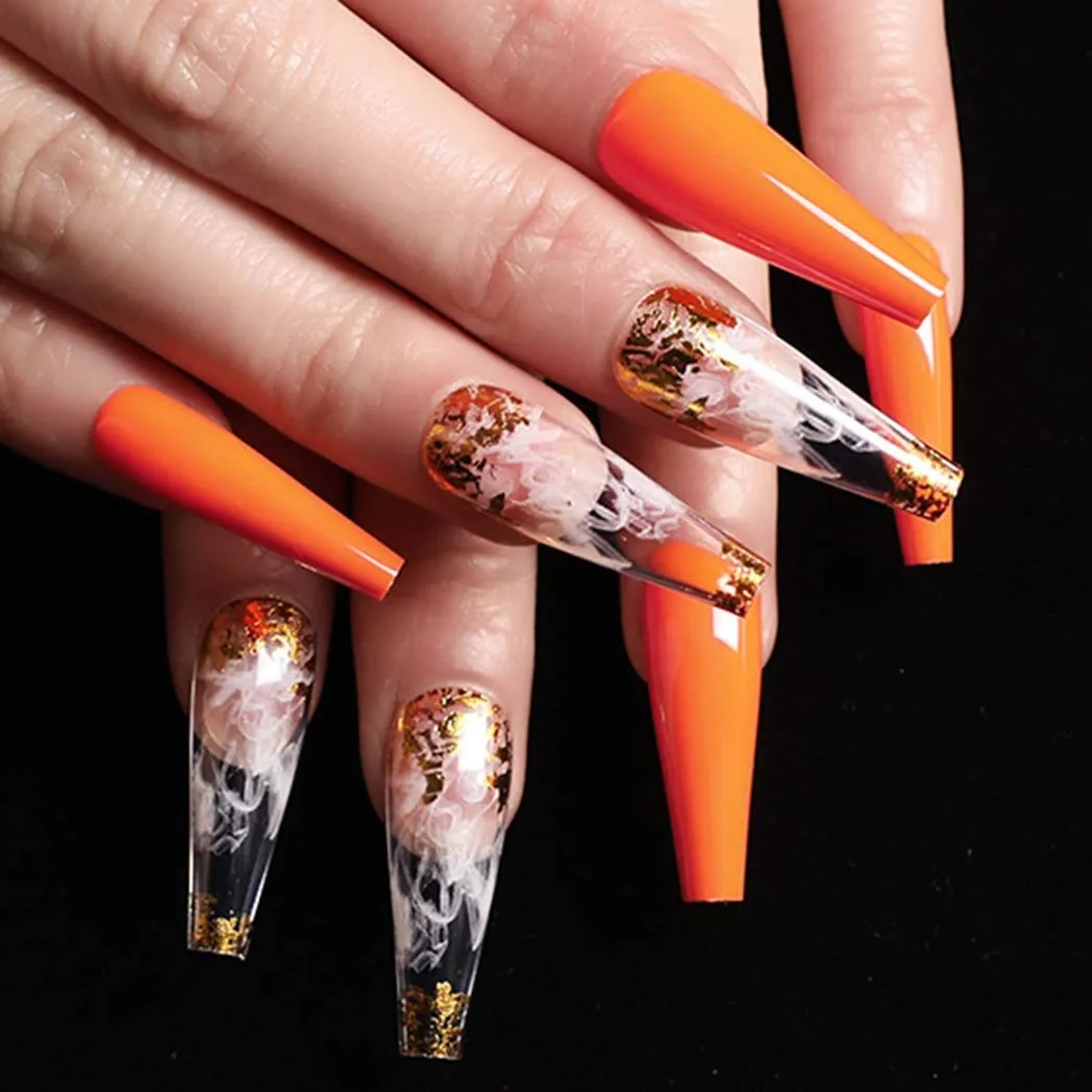 Press On Nails Orange Glossy Coffin White And Gold Nail Kit