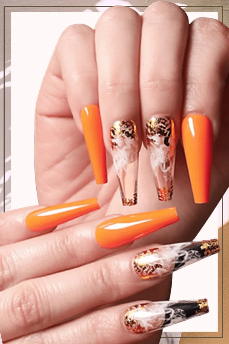 Press On Nails Orange Glossy Coffin White And Gold Nail Kit