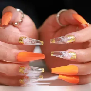 Press On Nails Orange Glossy Coffin White And Gold Nail Kit