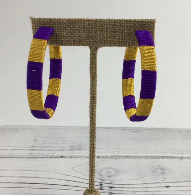 Purple and Gold Threaded Hoop Earrings