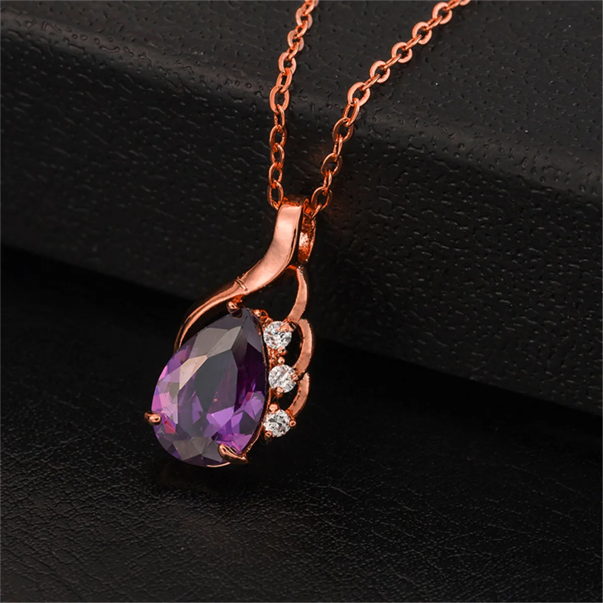 Purple Crystal & Cubic Zirconia Drop Pendant Necklace