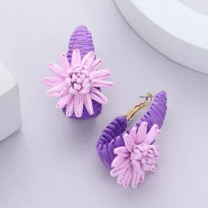 Purple Raffia Wrapped Flower Fun Fashion Earrings | Outfit of Choice Earrings | 628547