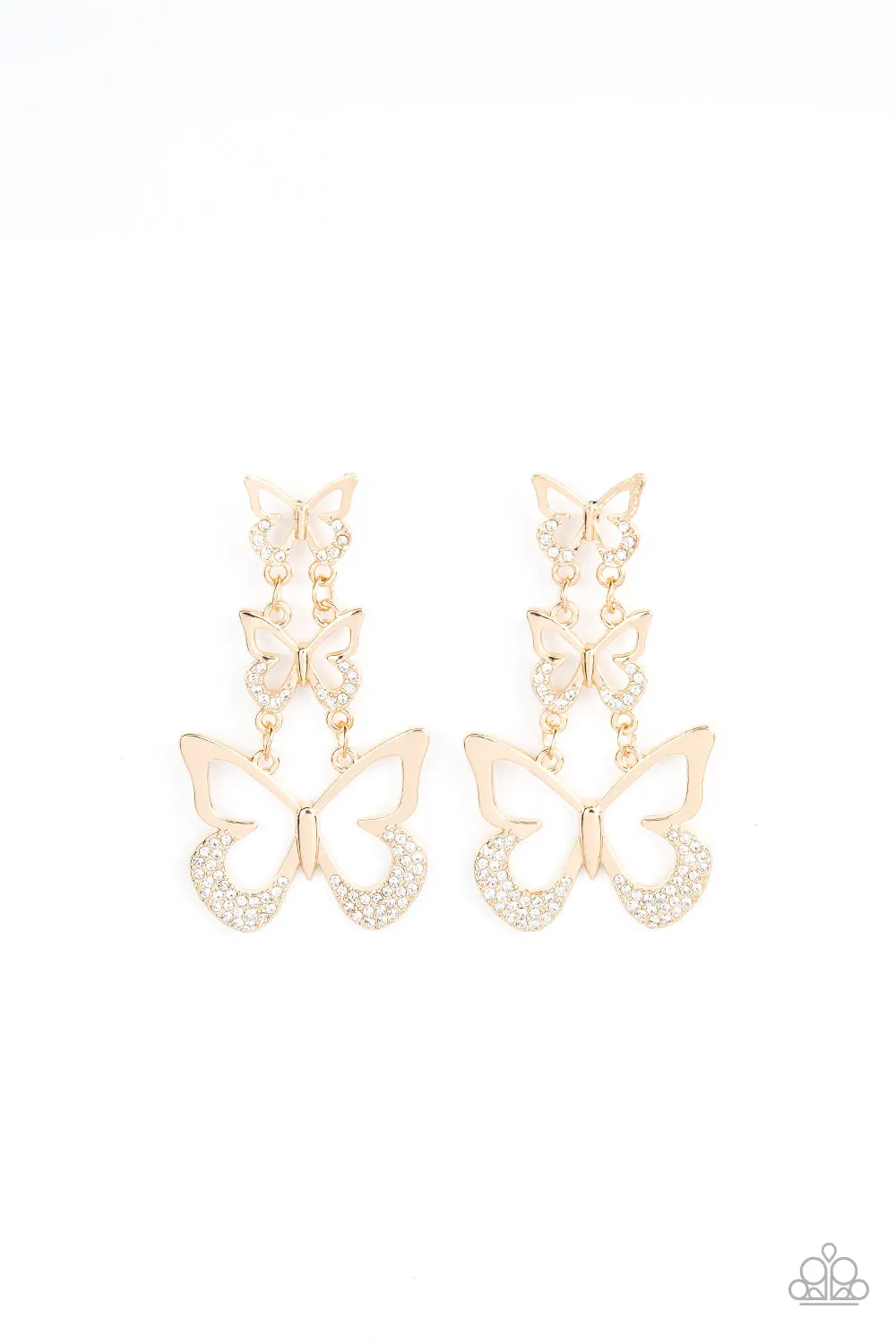 "Flamboyant Flutter " Gold Metal Triple Butterfly White Rhinestone Earrings