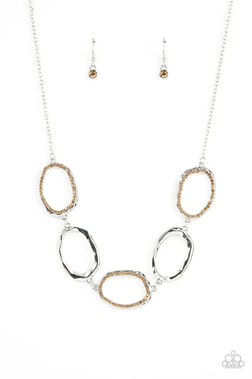 "Gritty Go-Getter" Large Link Silver Metal & Brown Rhinestone Necklace Set