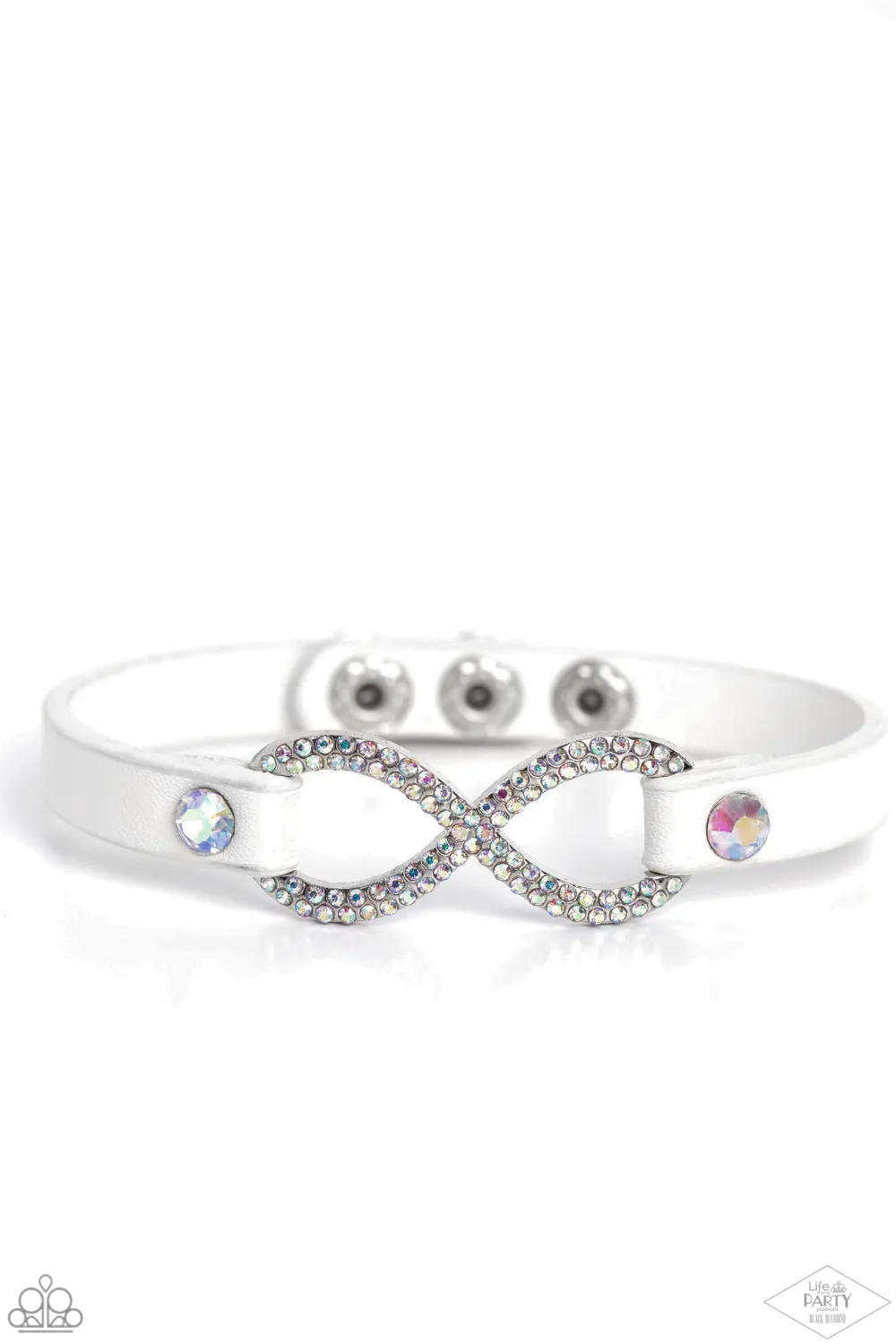 "Innocent Till Proven Glitzy" White Leather & Iridescent Rhinestone Infinity Symbol Snap Bracelet