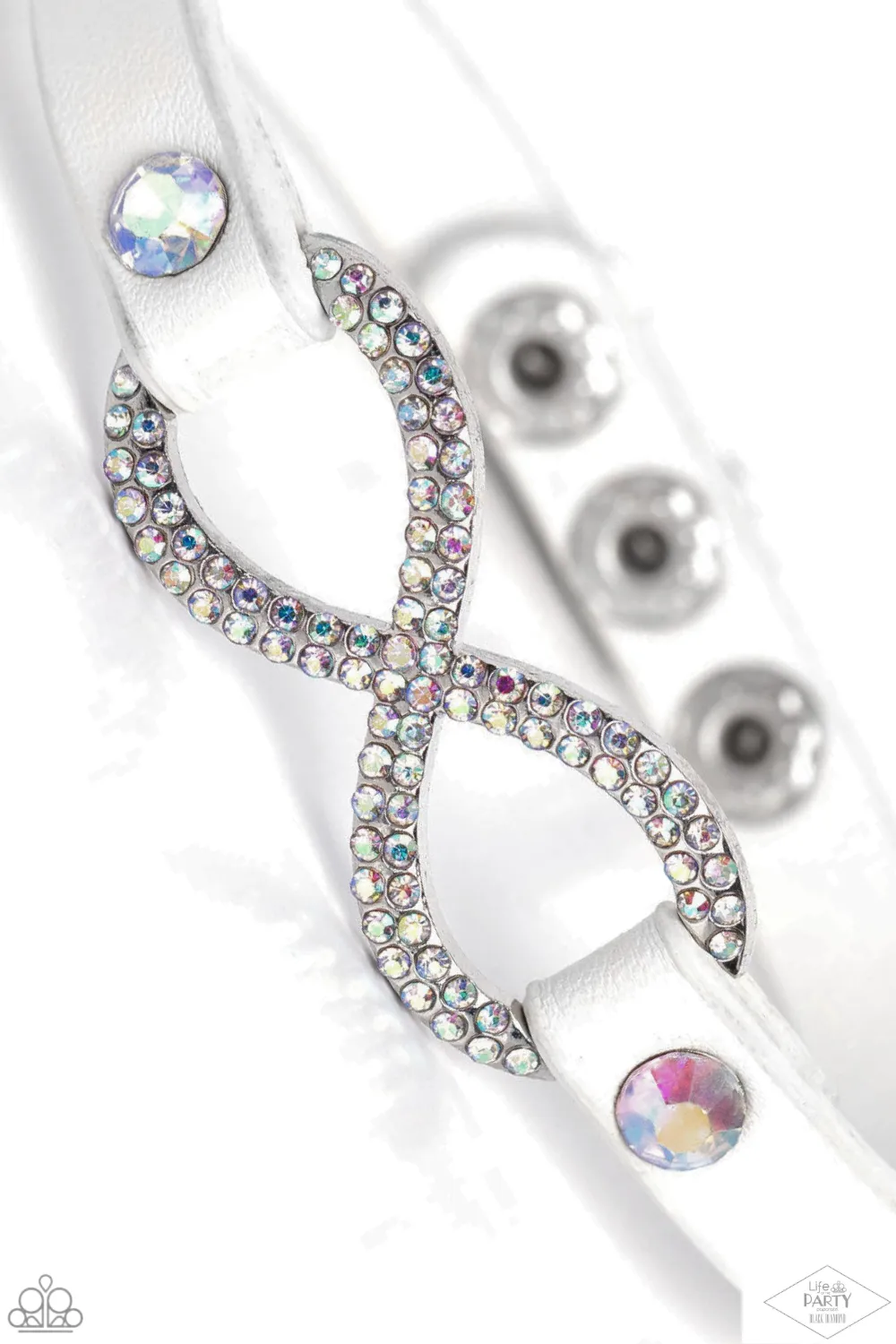 "Innocent Till Proven Glitzy" White Leather & Iridescent Rhinestone Infinity Symbol Snap Bracelet