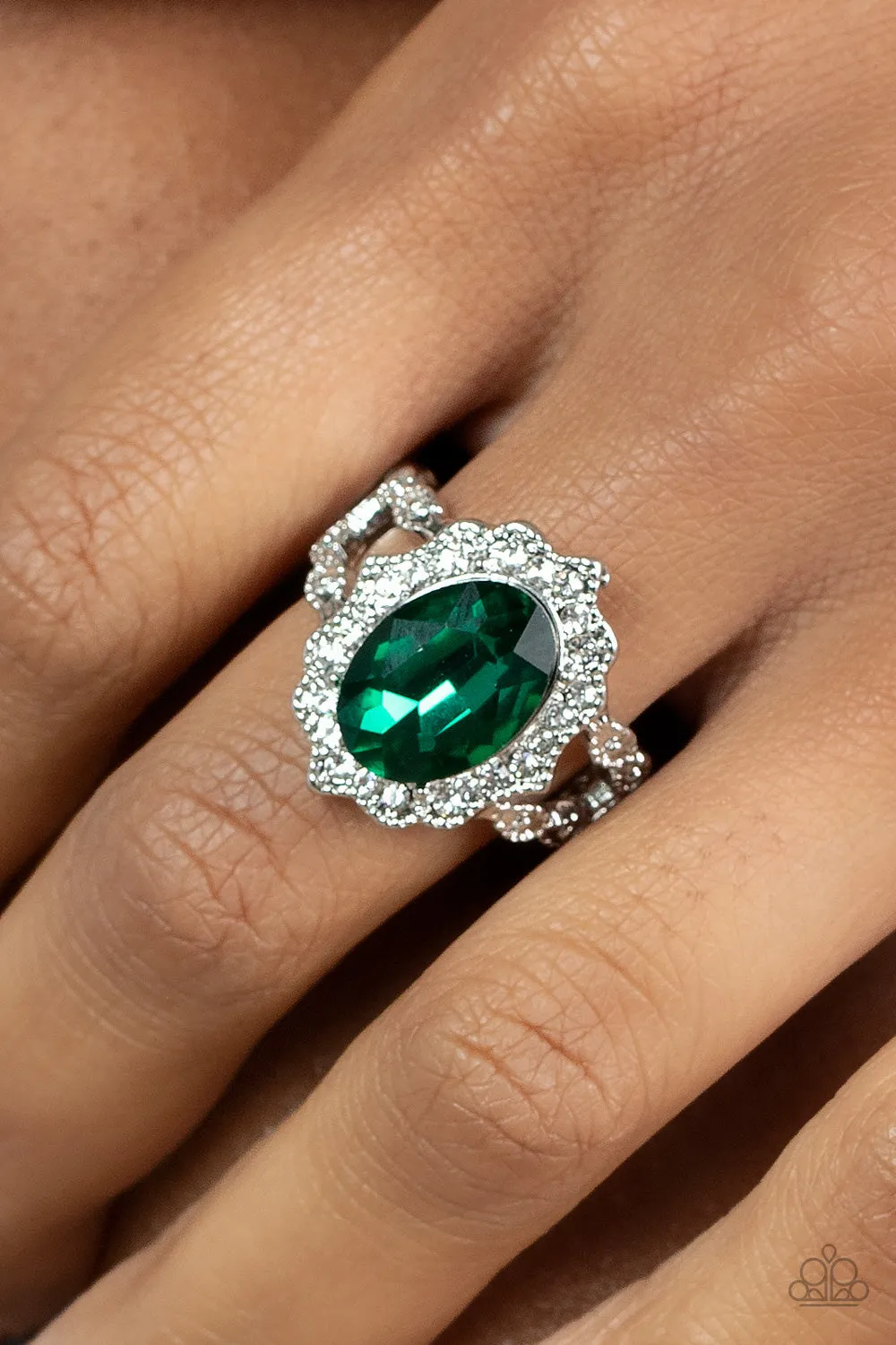 "Oval Office Opulence" Silver Metal Green & White Rhinestone Elastic Back Ring