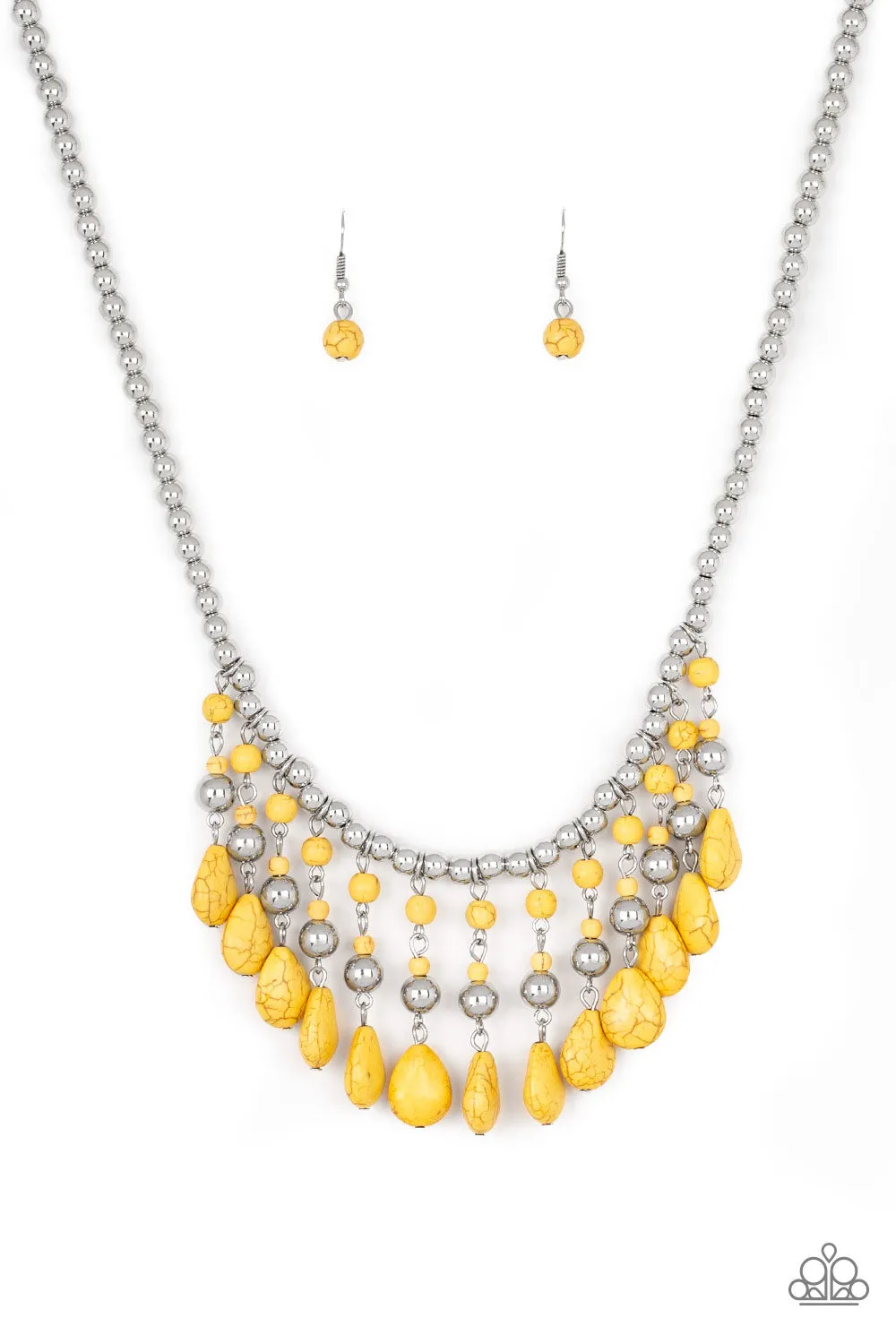 "Rural Revival" Silver Metal Yellow Crackle Stone & Silver Bead Necklace Set