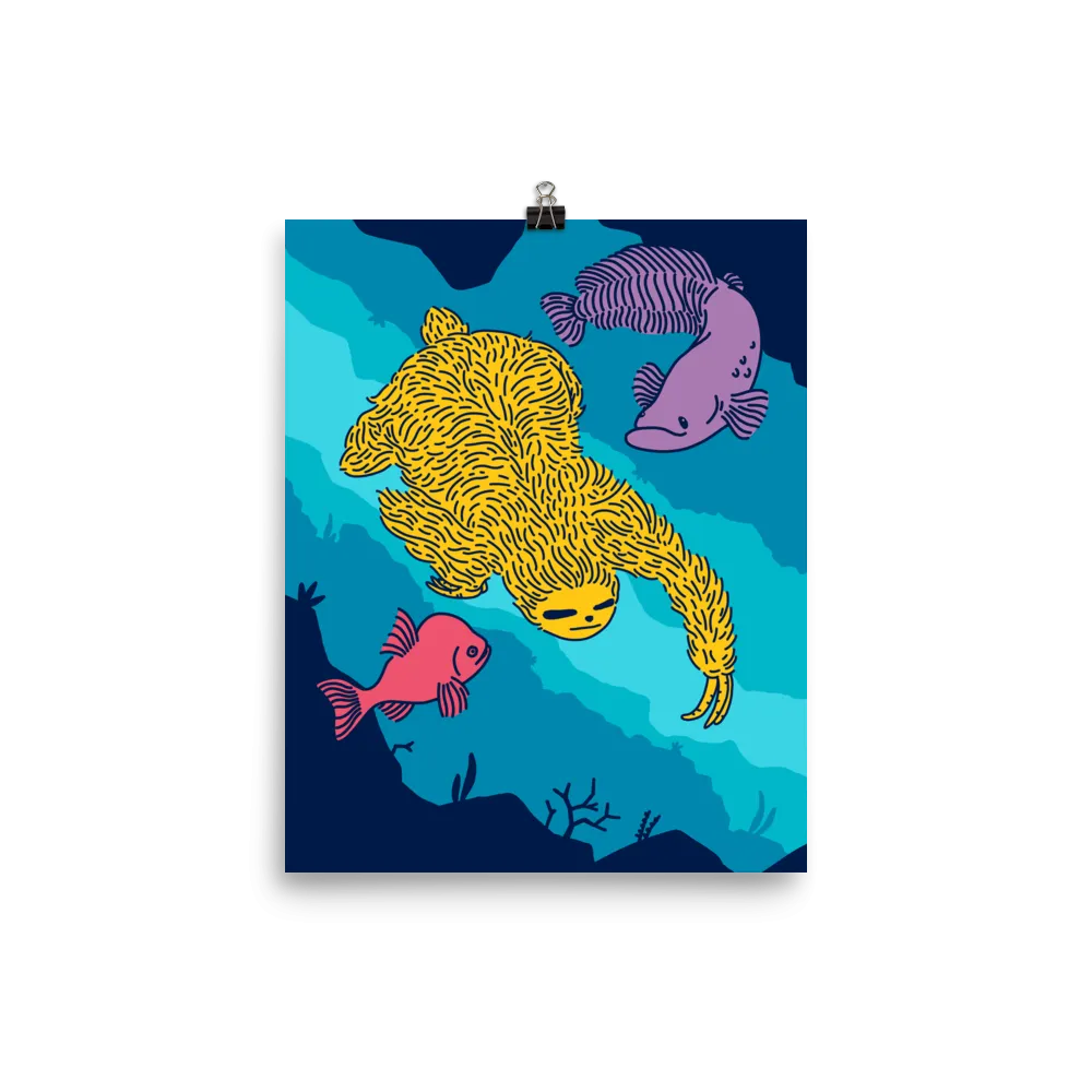 "Swimming Sloth" Art Print