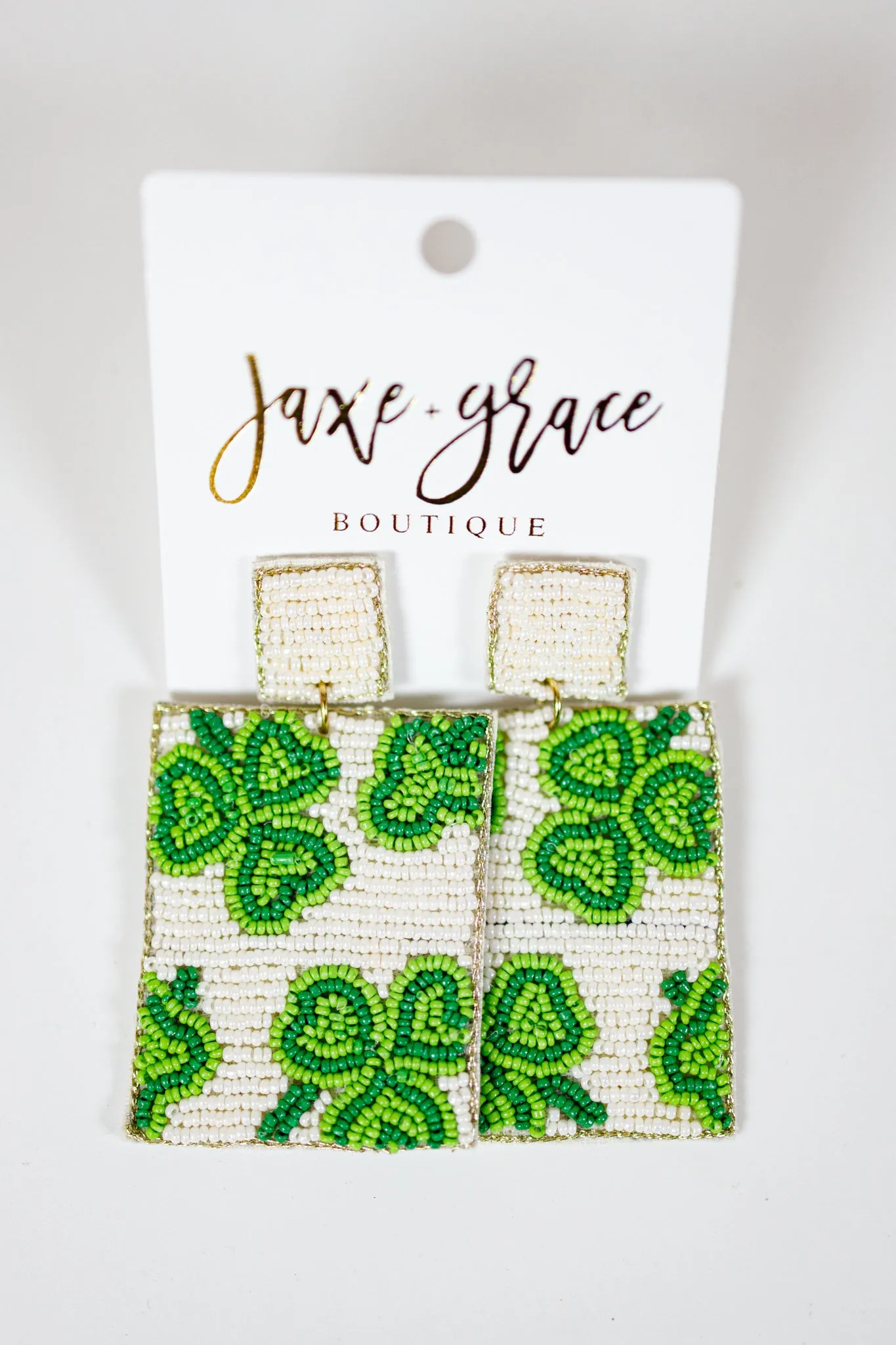 Rectangle Beaded Shamrock Earrings