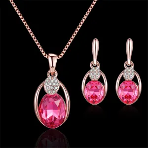 Red & White Cubic Zirconia Pendant Necklace & Drop Earrings
