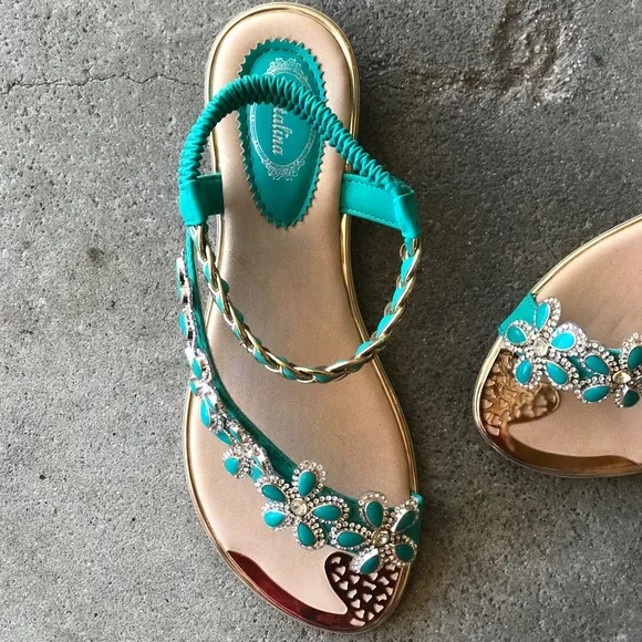 Restock! Italina Green Daisy Flower Rhinestone Gold Woven Slingback Sandal
