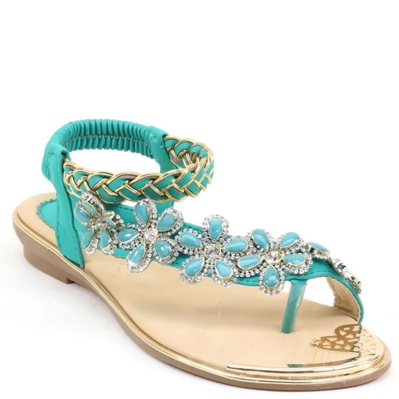Restock! Italina Green Daisy Flower Rhinestone Gold Woven Slingback Sandal
