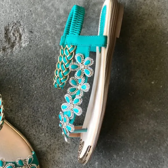 Restock! Italina Green Daisy Flower Rhinestone Gold Woven Slingback Sandal