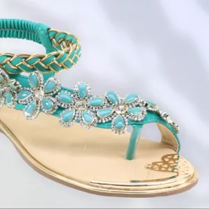 Restock! Italina Green Daisy Flower Rhinestone Gold Woven Slingback Sandal