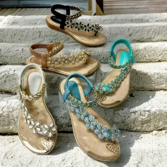 Restock! Italina Green Daisy Flower Rhinestone Gold Woven Slingback Sandal