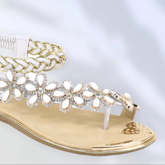 Restock! Italina Green Daisy Flower Rhinestone Gold Woven Slingback Sandal
