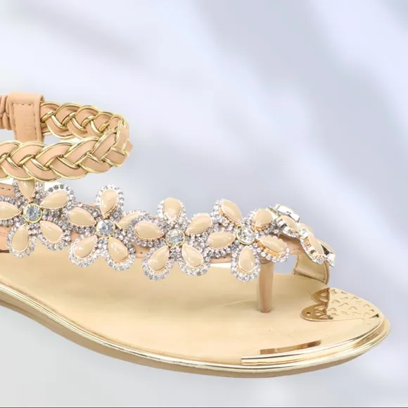 Restock! Italina Green Daisy Flower Rhinestone Gold Woven Slingback Sandal