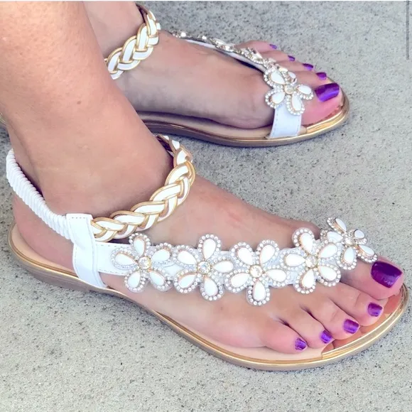 Restock! Italina Green Daisy Flower Rhinestone Gold Woven Slingback Sandal