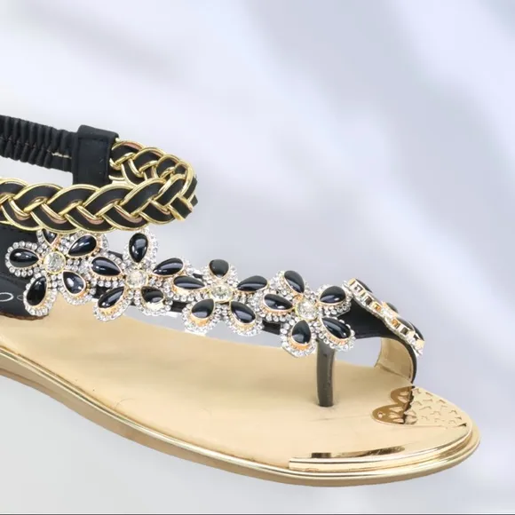 Restock! Italina Green Daisy Flower Rhinestone Gold Woven Slingback Sandal