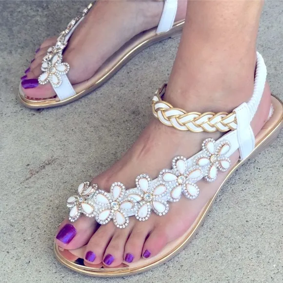 Restock! Italina Green Daisy Flower Rhinestone Gold Woven Slingback Sandal