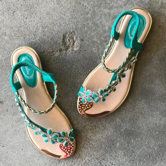 Restock! Italina Green Daisy Flower Rhinestone Gold Woven Slingback Sandal