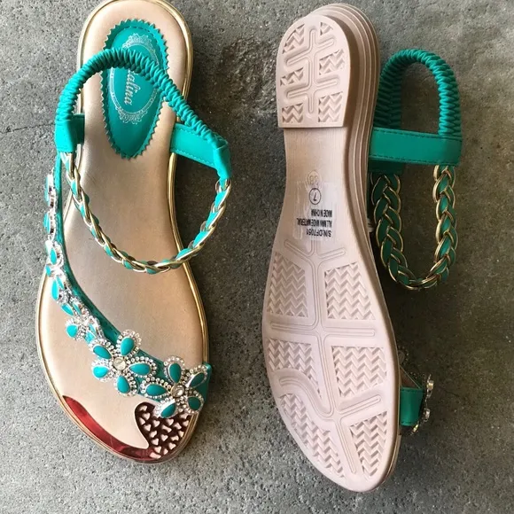 Restock! Italina Green Daisy Flower Rhinestone Gold Woven Slingback Sandal