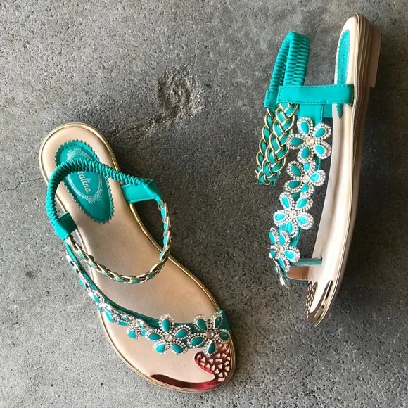 Restock! Italina Green Daisy Flower Rhinestone Gold Woven Slingback Sandal