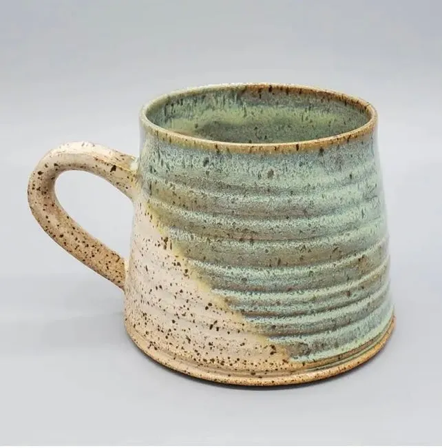 Rippled Green and Beige Ceramic Mug