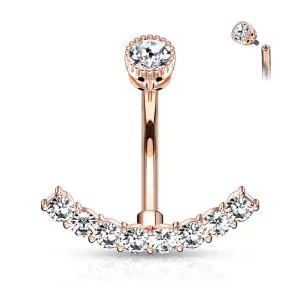 Rose Gold PVD Surgical Steel Internally Threaded Belly Ring with White CZ Curved Bottom