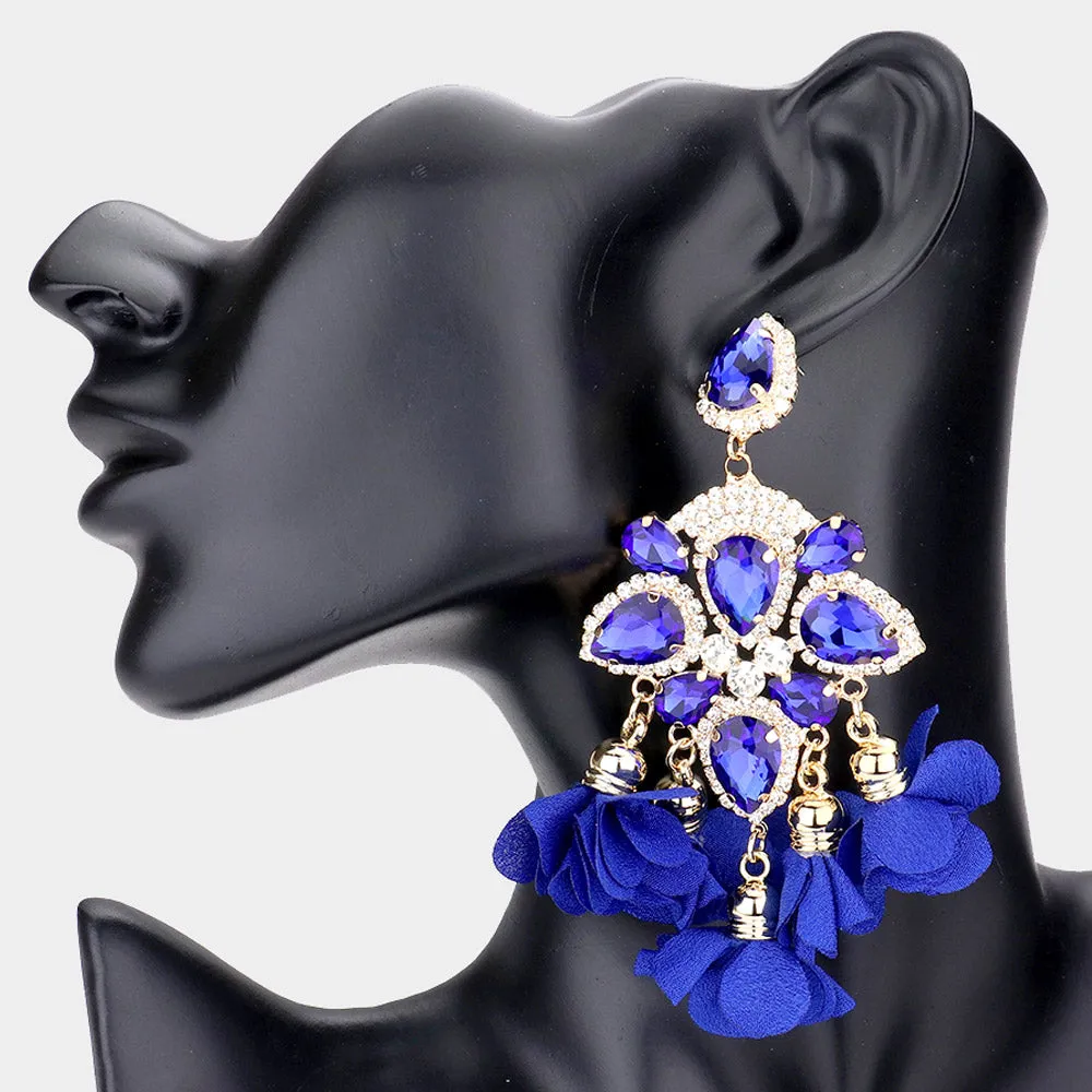 Royal Blue Crystal and Fabric Flower Fun Fashion Chandelier Earrings | 541400