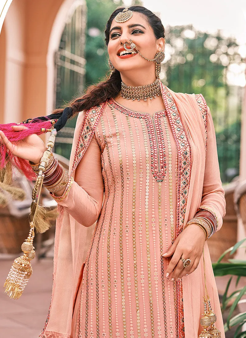 Soft Peach Multi Zari Embroidered Gharara  Suit