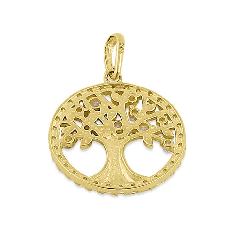 Solid 14K Yellow Gold Glitzy Tree of Life CZ Pendant